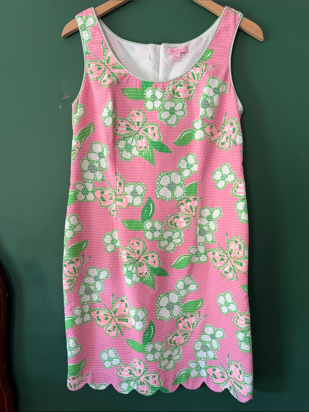 Lilly Pulitzer Nina Shift Pink & Green Womens 10 Dress w/Scalloped Hem